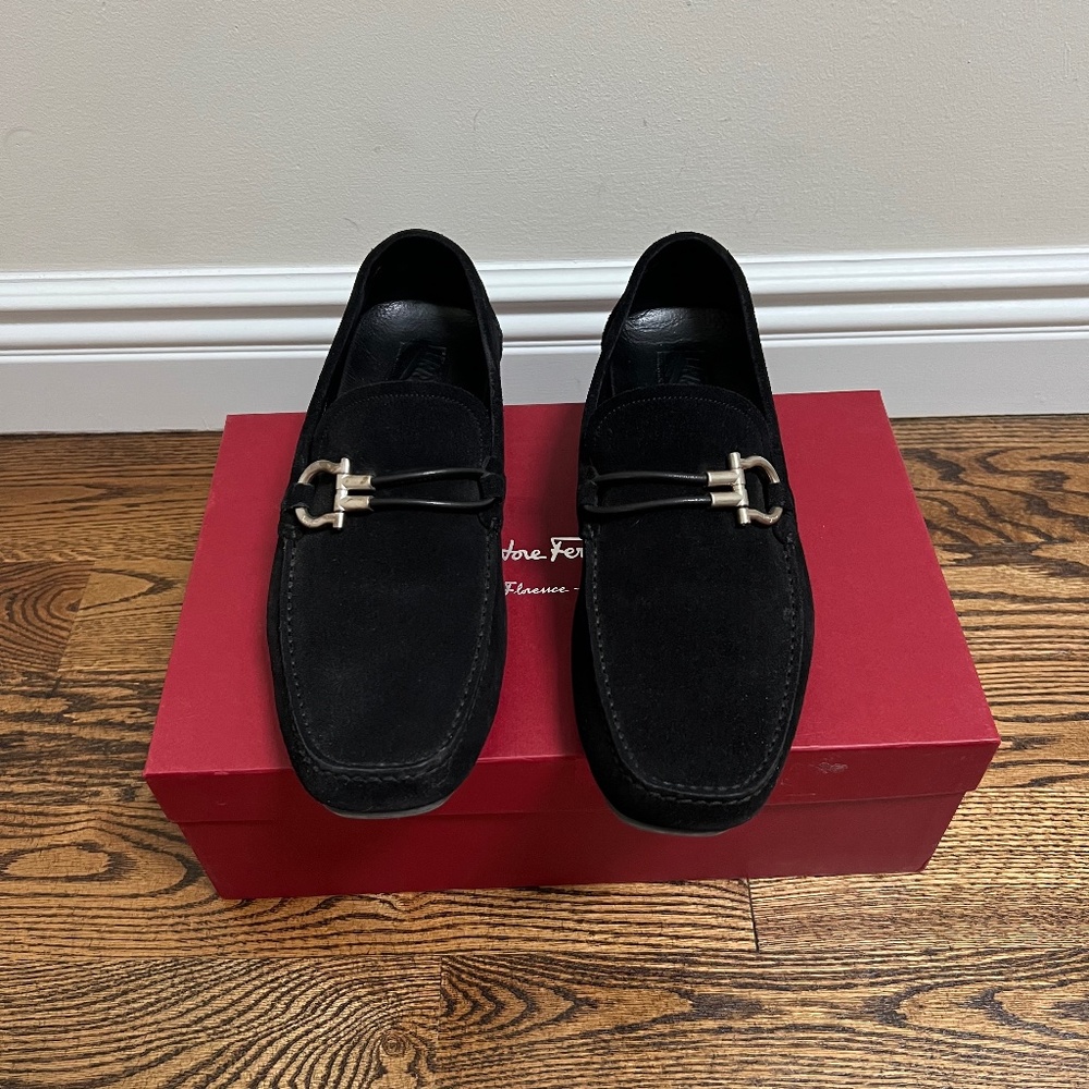 Ferragamo Driver with Gancini ornament Black Suede Calf Size 10.5